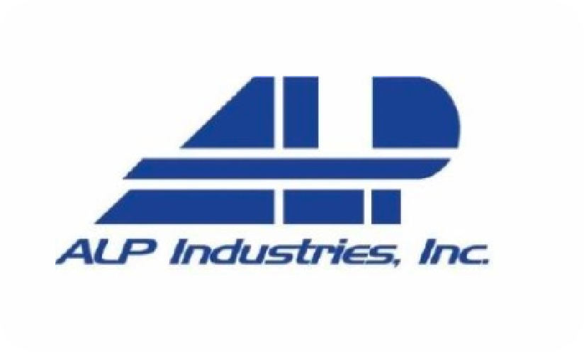 white backround with blue text of alp industries logo