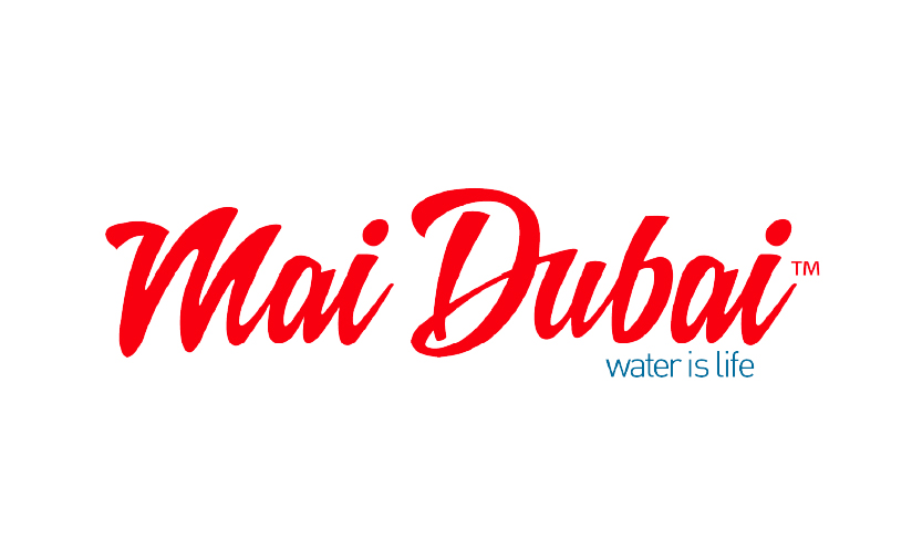 white backround with red text of mai dubai logo