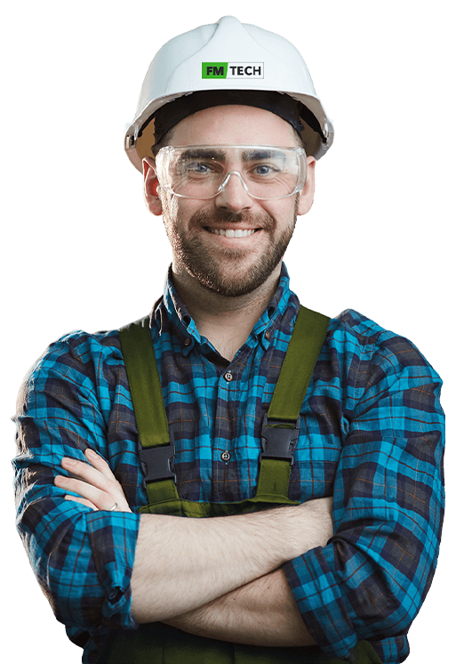 a man wearing a hard hat and gloves of top facility management company